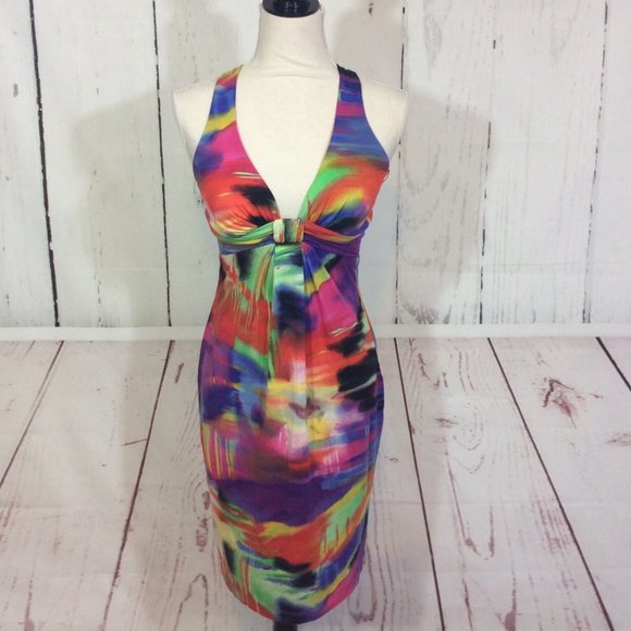 NWT Cache Halter Dress Sexy Knit Colorful Plunge Neck Tropical Bodycon Size 10 - Picture 1 of 13